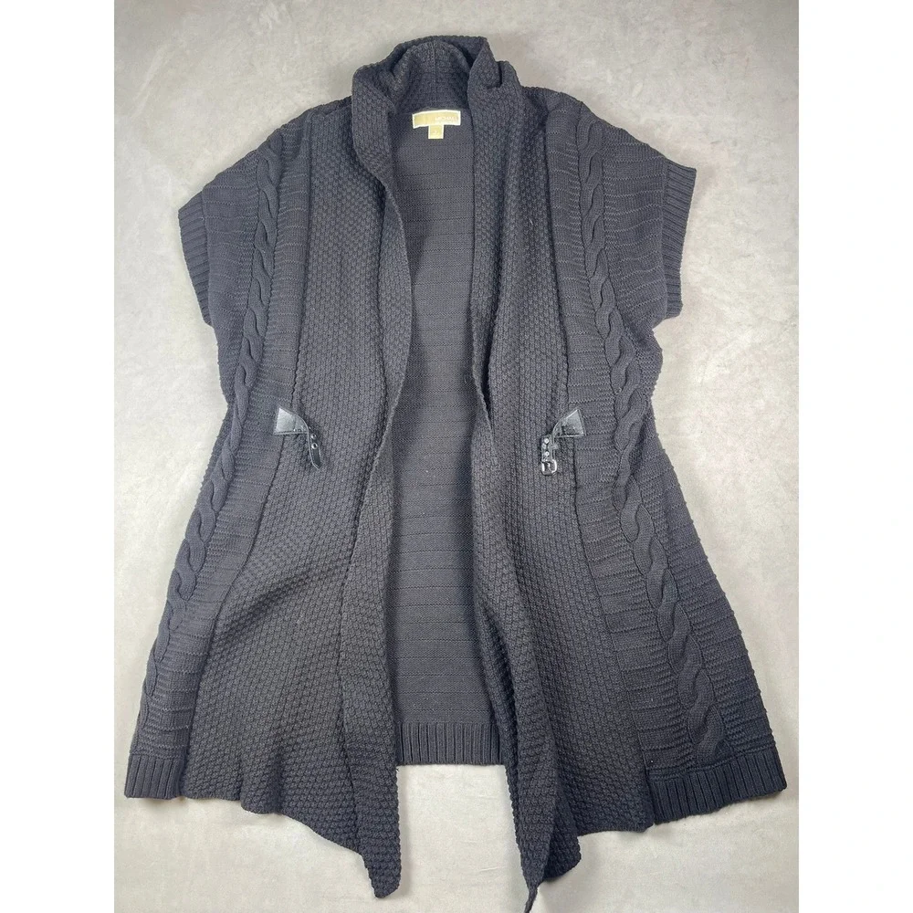 Michael Kors Charcoal Grey Cable‎ Knit Open Front Cardigan Vest Buckle Detail L